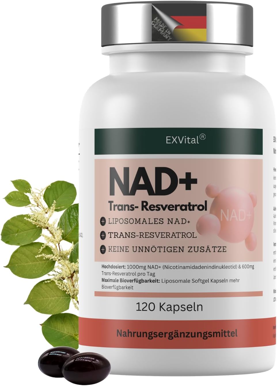 EXVital® NAD+, 1000mg NAD+ & 600mg Trans-Resveratrol pro Tag- 120 vegane Softgels - liposomal & maximale Bioverfügbarkeit, hochdosiert & laborgeprüft