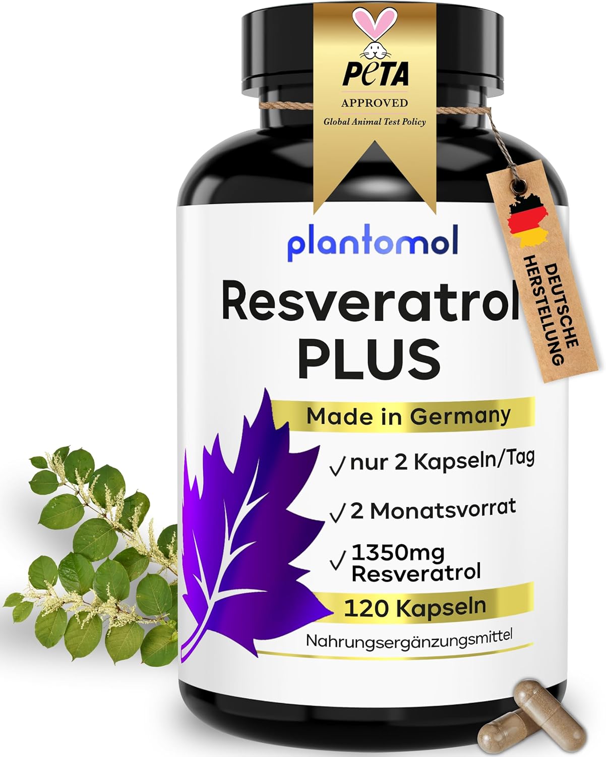 1350mg Resveratrol PLUS - 120 Trans-Resveratrol Kapseln hochdosiert - 100:1 Resveratrol hochdosiert - 2 Monatsvorrat